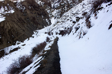 Panoramic scenery above Grindelwald, Switzerland in winter. Trail in the mountains in winter