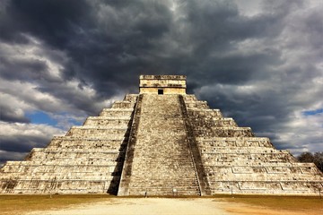 Wonder of the World - Cuculcan Pyramid in Chichen Itza, Mexico. Thunderclouds over the pyramid.