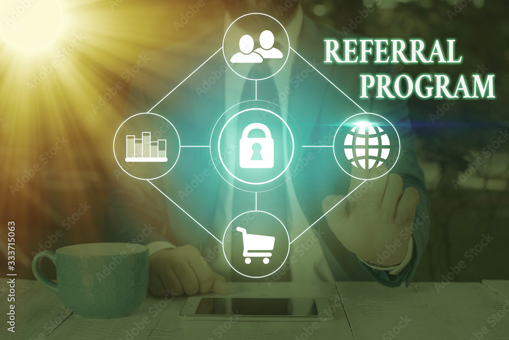 Aufkleber handwriting text referral program. conceptual photo employees are rewarded for introducing suitable 