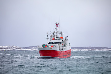 Fototapeta premium Fishing boat through Brønnøysundet, Nordland county - Atløy Viking