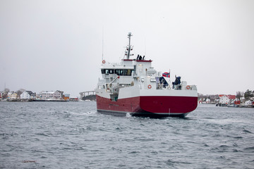 Fish Farming ship through Brønnøysundet, Nordland county