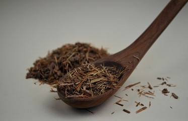 Catuaba bark and wooden spoon with catuaba on white background