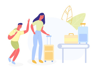 Mom and Son with Suitcases at Airport. Luggage on Tape. People at Airport. Fly on Vacation. Pass Control. Vector Illustration. Family Trip. Family Spends Vocation Together. Cheerful Boy with Backpack.