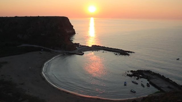 Beautiful sunrise over Bolata Bay near Cape Kaliakra on the Black Sea. Bulgaria