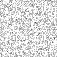 Seamless pattern on the theme of the Easter holiday , baskets, cakes, eggs and flowers, dark contours  on a white background