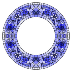 Illustration in stained glass style flower frame,blue flowers and leaves on a white background