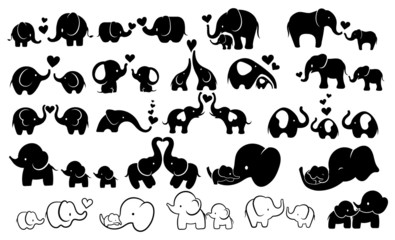Set of elephants with baby elephant. Collection of family elephants with hearts. Logo. Love to the animals. Vector illustration for the zoo.