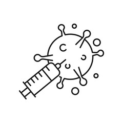 Virus and injection illustration. Concept of vaccination. Outline thin line icon. Flat style illustration.