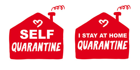 Set Self quarantine, I stay at home. Hand lettering typography logo. Calligraphic sign. Linear style sign for mobile concept and web design. Symbol quarantine. Coronavirus concept with text. Icon