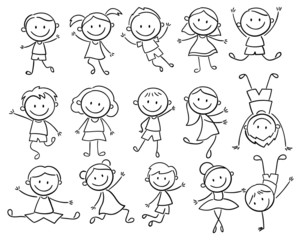 Set of doodle kids figures. Collection of happy cartoon kids illustration. Vector illustration of cute stick figures of boys and girls. Hand-drawn.
