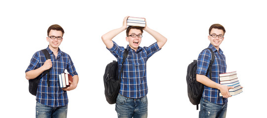 Funny student with stack of books