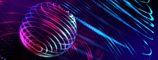 Neon color orbit globe in space. Smart digital world 3D online wireless network connection futuristic technology abstract background square position © DIgilife