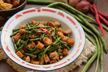 traditional indonesian food. asian culinary oseng tempe mixed with long beans