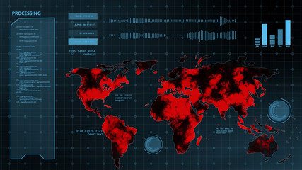 World map crisis virus spread pandemic warning sci-fi HUD UI user interface futuristic laboratory monitor background 3D COVID Corona virus infected counting number warning alert sign hazard concept
