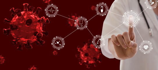 panoramic banner. female doctor with stethoscope hand pointing touching data digital icon hologram with group of virus cells, coronavirus 2019 outbreak (covid19) in red background, medical concept