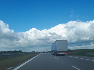 A truck driving on the highway in Poland. Transportation of heavy loads.