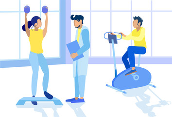 Fototapeta na wymiar Disabled People Physical Rehabilitation after Injury Cartoon. Injured Man and Woman Doing Workout under Physiotherapists Control. Step Aerobics with Dumbbells, Fitness Cycle. Vector Flat Illustration