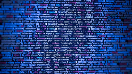 Blue color background. Software developer programming code. Abstract computer script code.