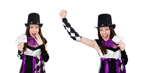 Pretty girl in jester costume with cards isolated on white