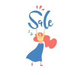 Vector illustration, flat cartoon woman with long ginger hair raising hands up, 