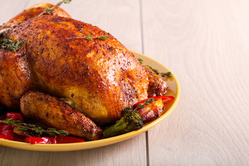 Roast chicken with vegetables served
