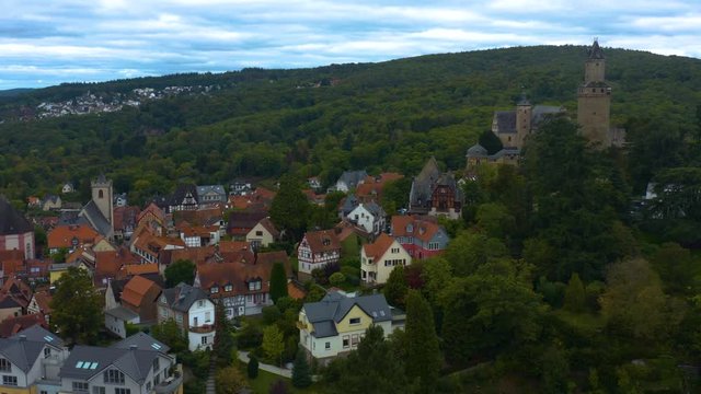Aerial view of the old town of the city Kronberg in Germany. On a cloudy day in autumn.