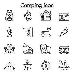 Fototapeta premium Camping icons set in thin line style