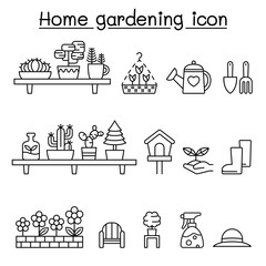 Gardening icons set in thin line style