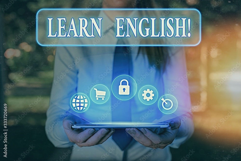 Poster writing note showing learn english. business concept for gain acquire knowledge in new language by s