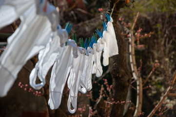 Underpants. Identical white underpants hung on the garden after the laundry. Same underwear dry...