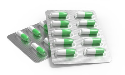 Green pills blister stack. Natura capsules. Ecology pharmacy
