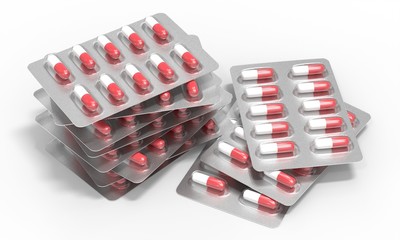 Medicine concept. A lot of pills blisters. Stack of tablets. 3d render isolated on white