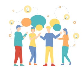 Cartoon People with Bubble Speech Vector Illustration. Standing Man Woman Group Talk. Internet Communication, Online Message, Chatting, Conversation. Friend Meeting, Work Team, Teamwork, Social Media