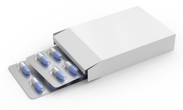 Blue pill blister pack mockup. Medical tablets blank template. 3d render isolated on white