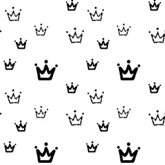 Girly sweet vector seamless pattern with crowns. Romantic style, hand drawn elements. Texture, black silhouettes. Applicable as endless textile or wrapping paper prints and backgrounds.