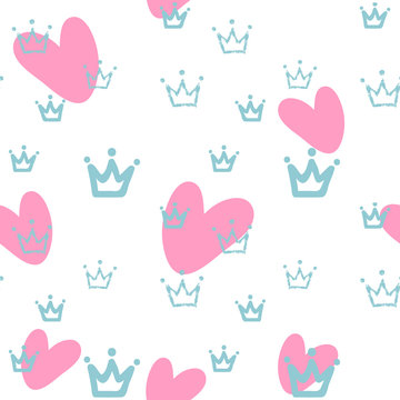 Crown and heart, pastel colored sweet vector seamless pattern. Romantic style, hand drawn elements, texture, trendy colors. Applicable as endless textile or wrapping paper prints. White background.