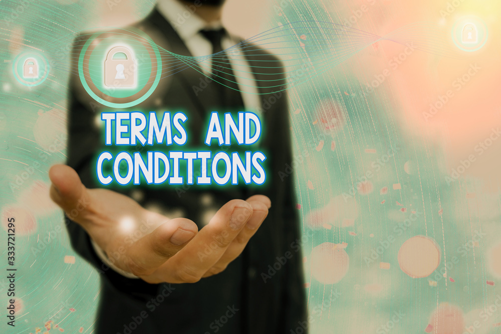 Aufkleber writing note showing terms and conditions. business concept for rules that apply to fulfilling a par