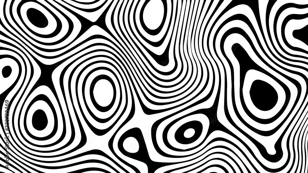 Poster vector optical illusion with black and white lines. abstract curve background.