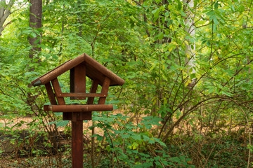 Wooden, open bird house standing in a forest