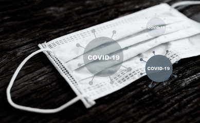 Medical disposable face mask with covid-19 printed on it. Wuhan Novel Coronavirus pneumonia gets...