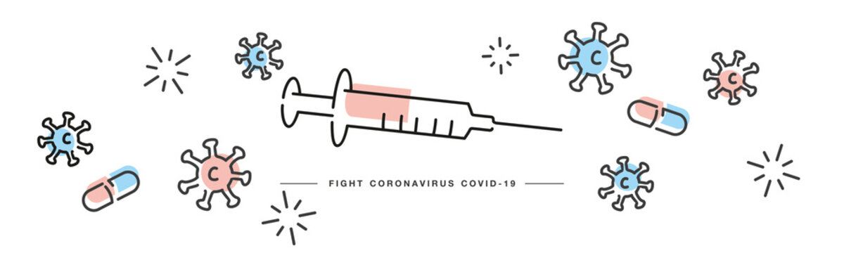 Fight Corona virus Covid 19 handwritten line design info graphic white isolated background banner
