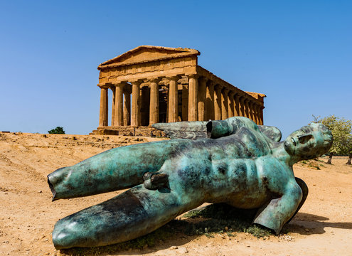 Sculpture in front of the Concordia Temple in the Valley of the Temples; Agrigento