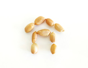 Funny composition of a little house made with open and peeled natural peanuts on white background. Organic dried fruits for a healthy diet and ideal for peanut butter.