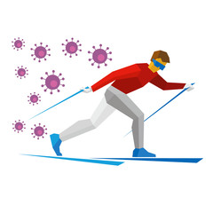 Obraz premium Cartoon skier running, lot of viruses Coviid-19 are chasing him. Athlete runs on skis. Winter sports - Skiing. Flat style vector clip art isolated on white background.