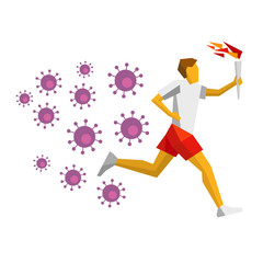 Running torchbearer, lot of viruses are chasing him. Athlete isolated on white background. International sport games infographic. Sportsman with torch - flat style vector clip art.