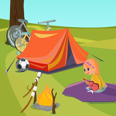 Summer Camp Tent in Wood. Little Cartoon Girl Play Hawaiian Guitar Ukulele Vector Illustration. Family Picnic in Forest. Kid Guitar Player Bonfire Campfire. Musical Child Music Concert