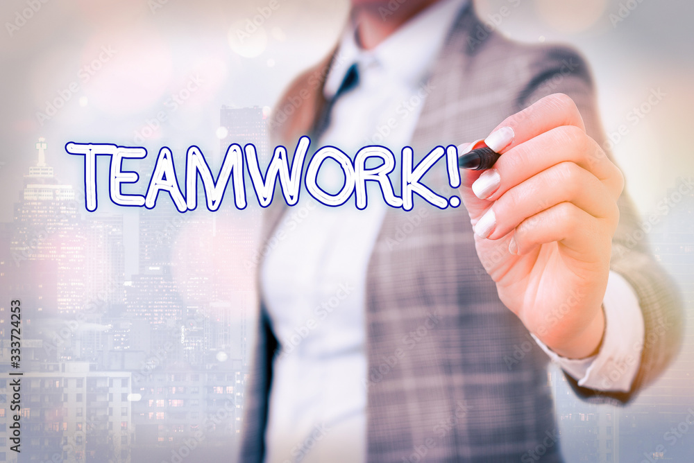 Poster word writing text teamwork. business photo showcasing combined action of group especially when effec