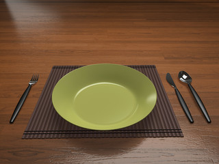 Empty green plate with fork and knife, Top view Plates set on wooden table, Concept image for meal time, breakfast and lunch, 3D illustration