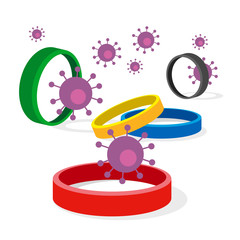 Coronavirus concept - competition cancellation. Group of colored vector rings and viruses Covid-19 around. Bright circles looks like toy parts or sport equipment.