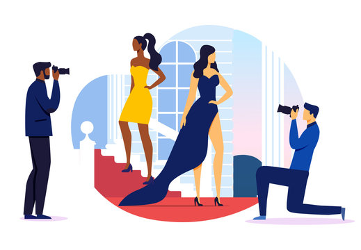 Prestigious Event Photoshoot Vector Illustration. Beautiful Models, Female Movie Stars and Photographers Cartoon Characters. VIP Status, Luxury Lifestyle. Men Take Young Celebrities Photos